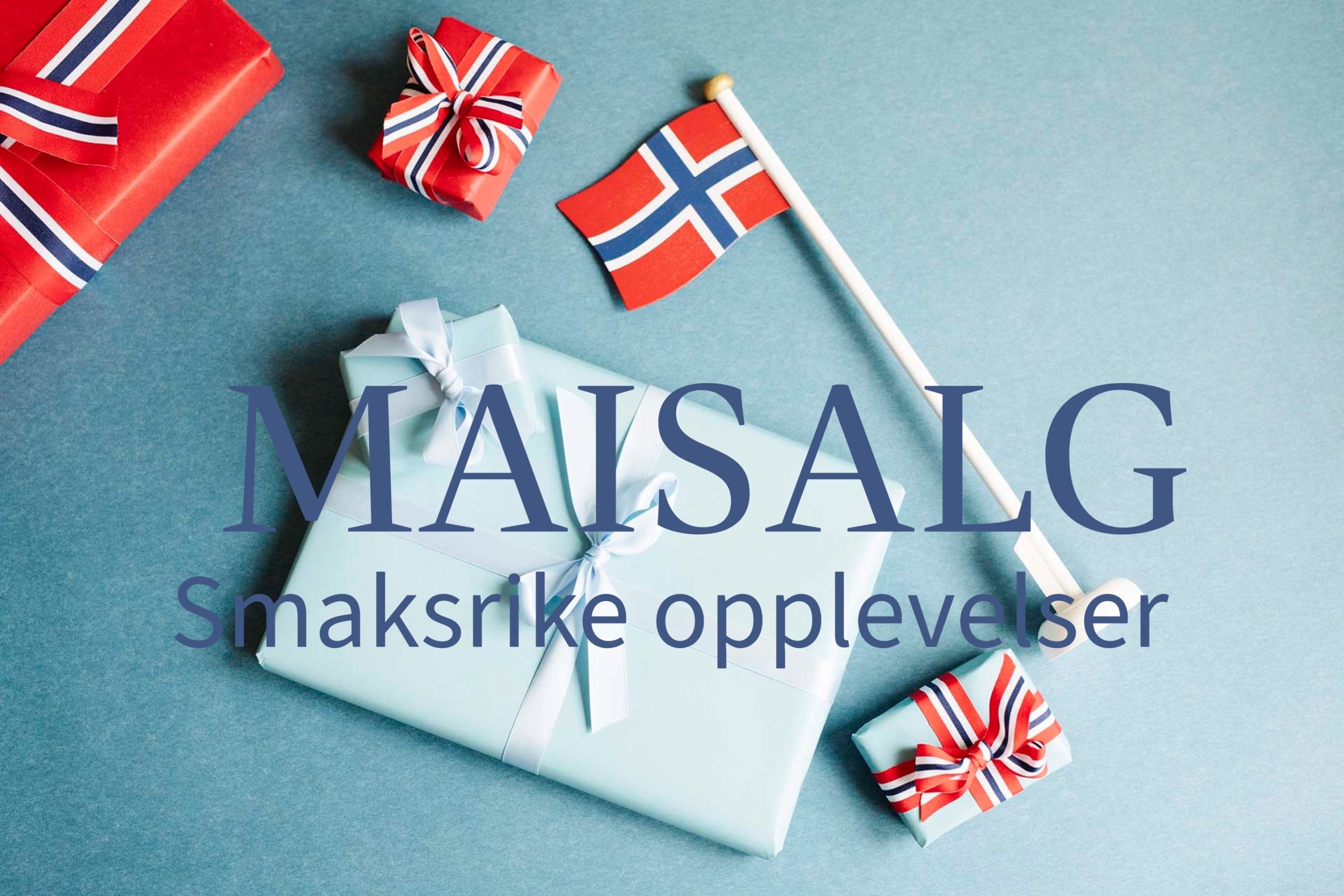 Festive flat lay of red and light blue gift boxes with striped ribbons and Norwegian flags on a blue background suggesting celebration