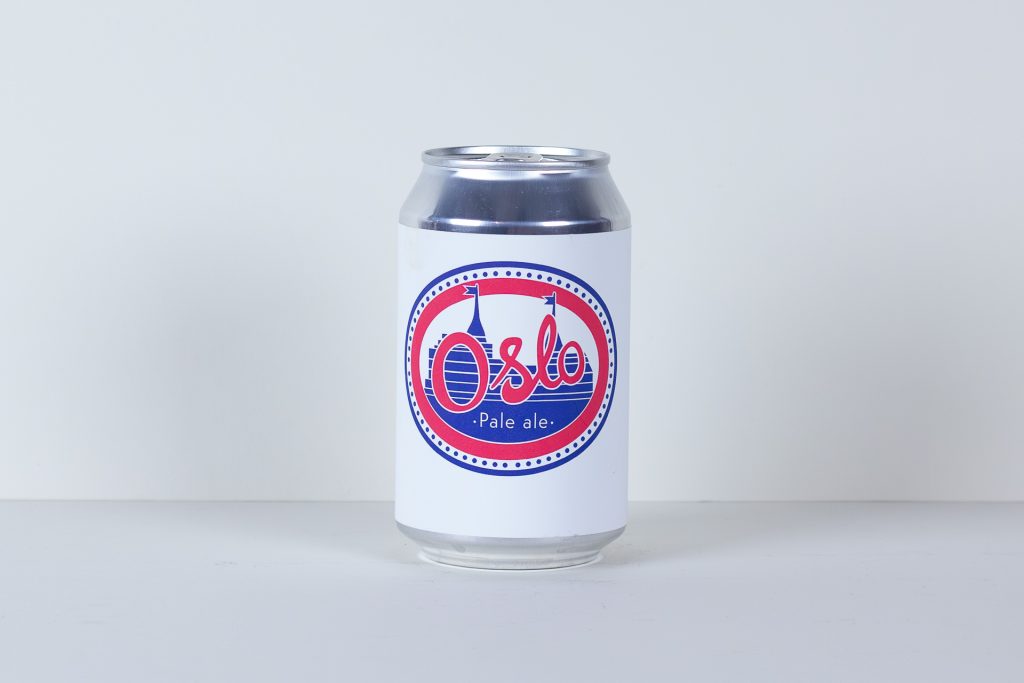 Beer can with white neck label featuring a blue red Oslo Pale Ale logo on a white background