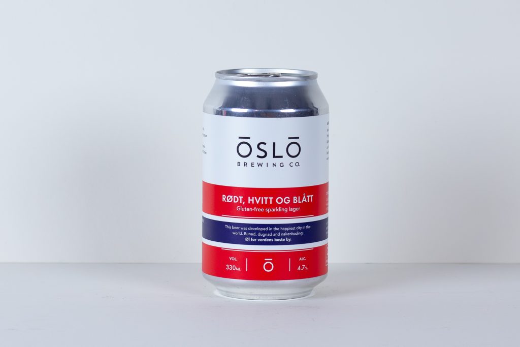 Oslo Brewing Co beer can with red white and blue bands on a white background