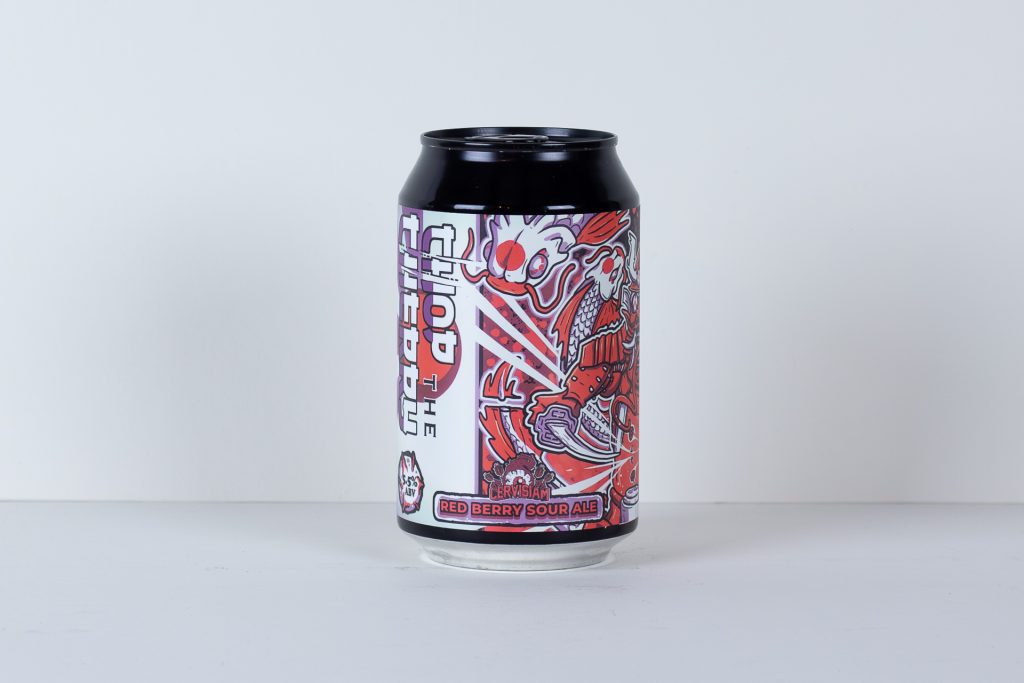 Centered beer can with a colorful dragon illustration and the text Red Berry Sour Ale on a white surface