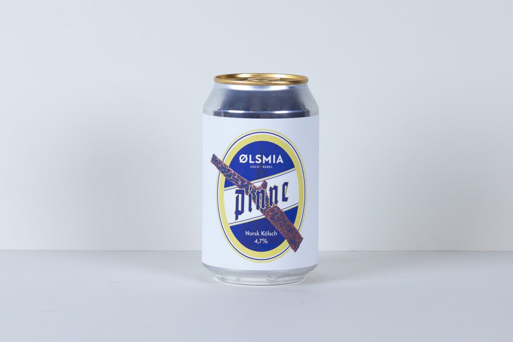 Beer can with a white label showing a blue and yellow circular logo and a chocolate bar graphic